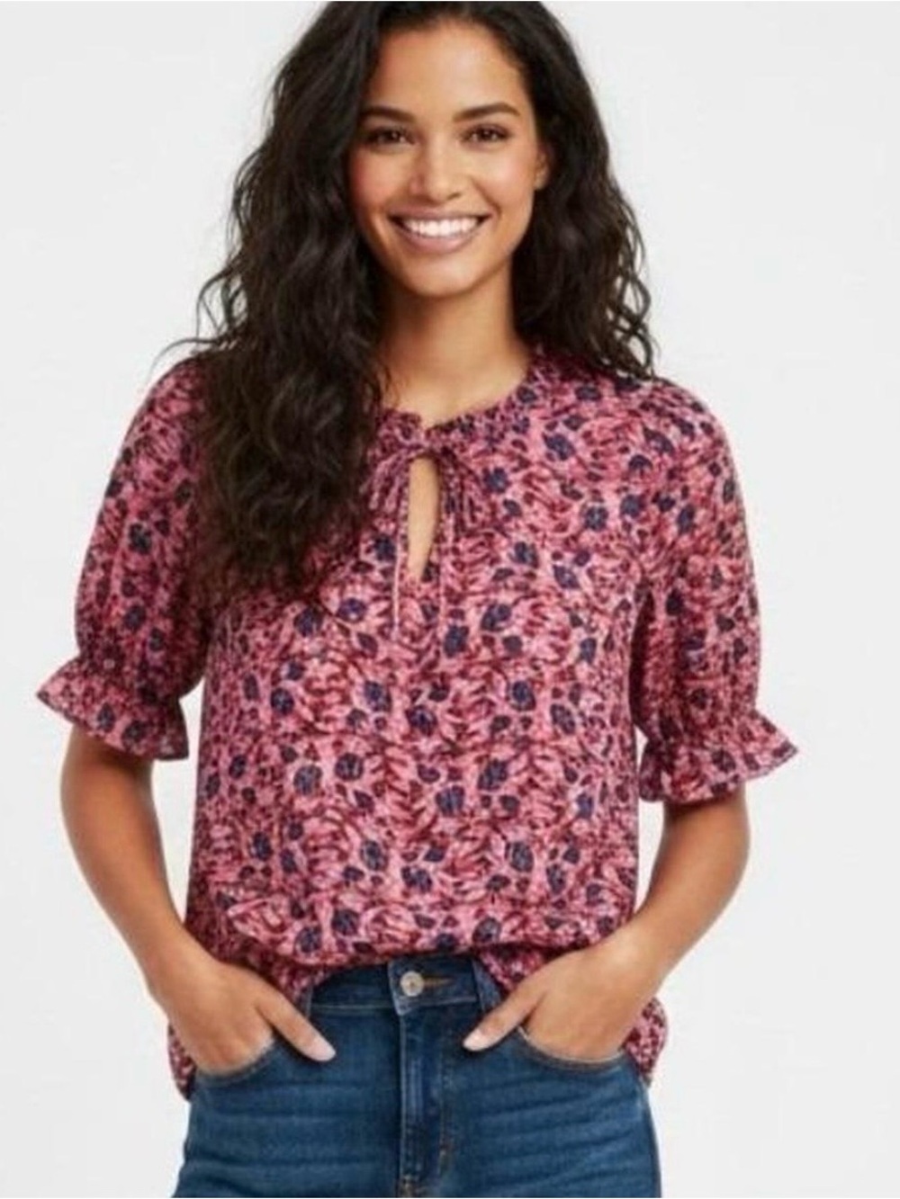 J.Crew pink block-print floral tie-neck blouse